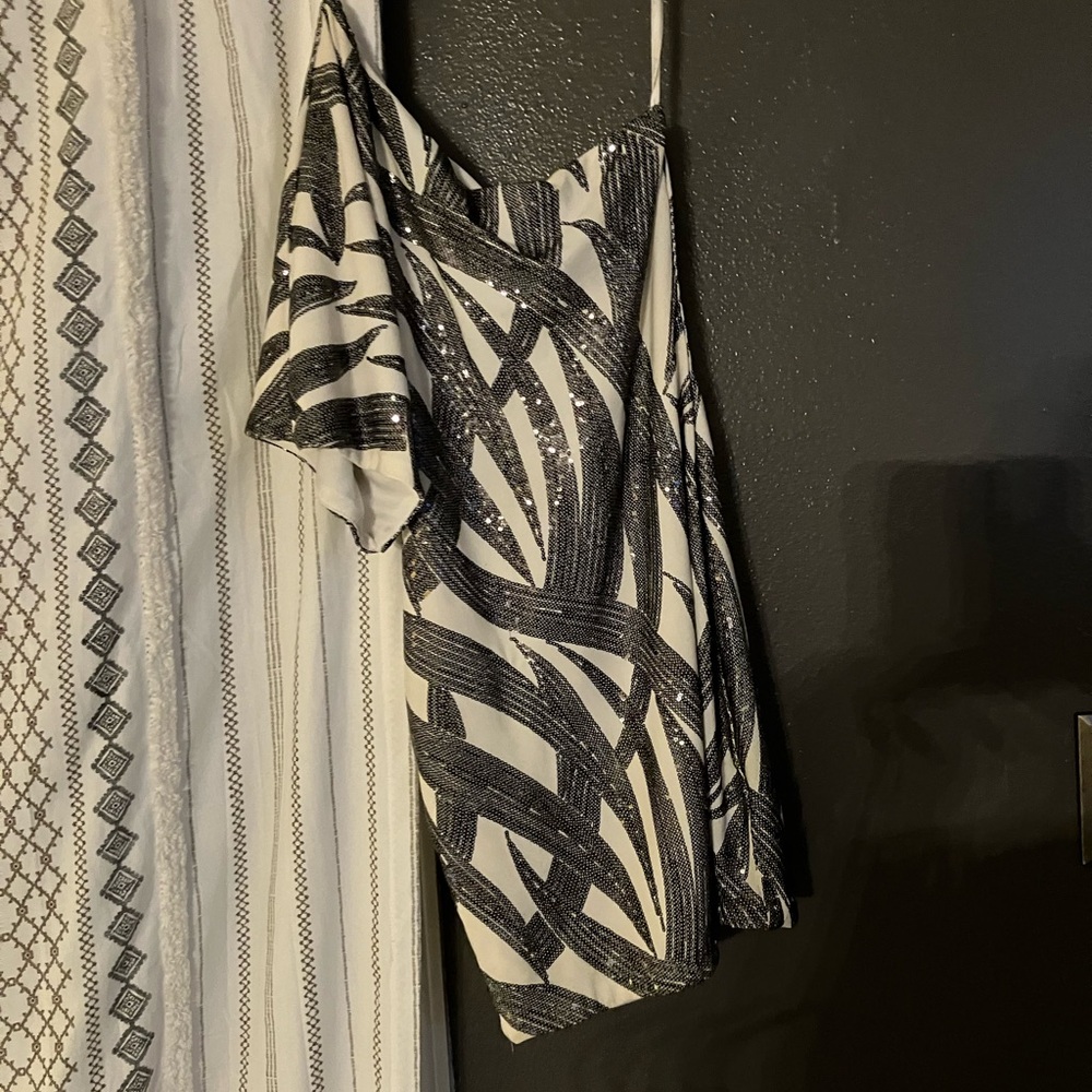 B Darlin One Shoulder Black and White Dress - Picture 3 of 3